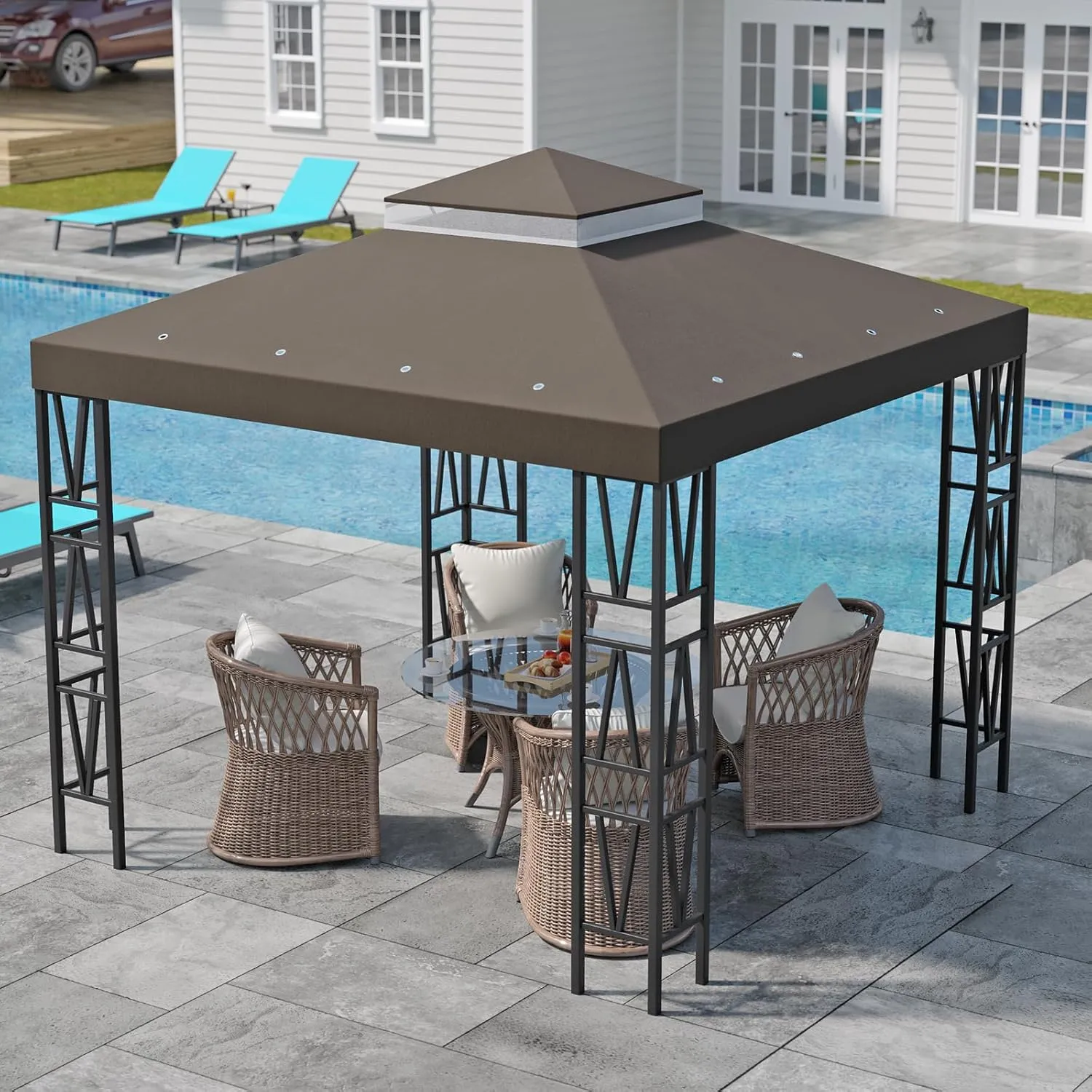 ​10x10 FT Gazebo Canopy Replacement Top - Durable Double Tier Shade Cover Cover for Yard Patio Garden, Waterproof UV Protection, Easy Install, Outdoor Event Party Shade Tent​(Coffee)