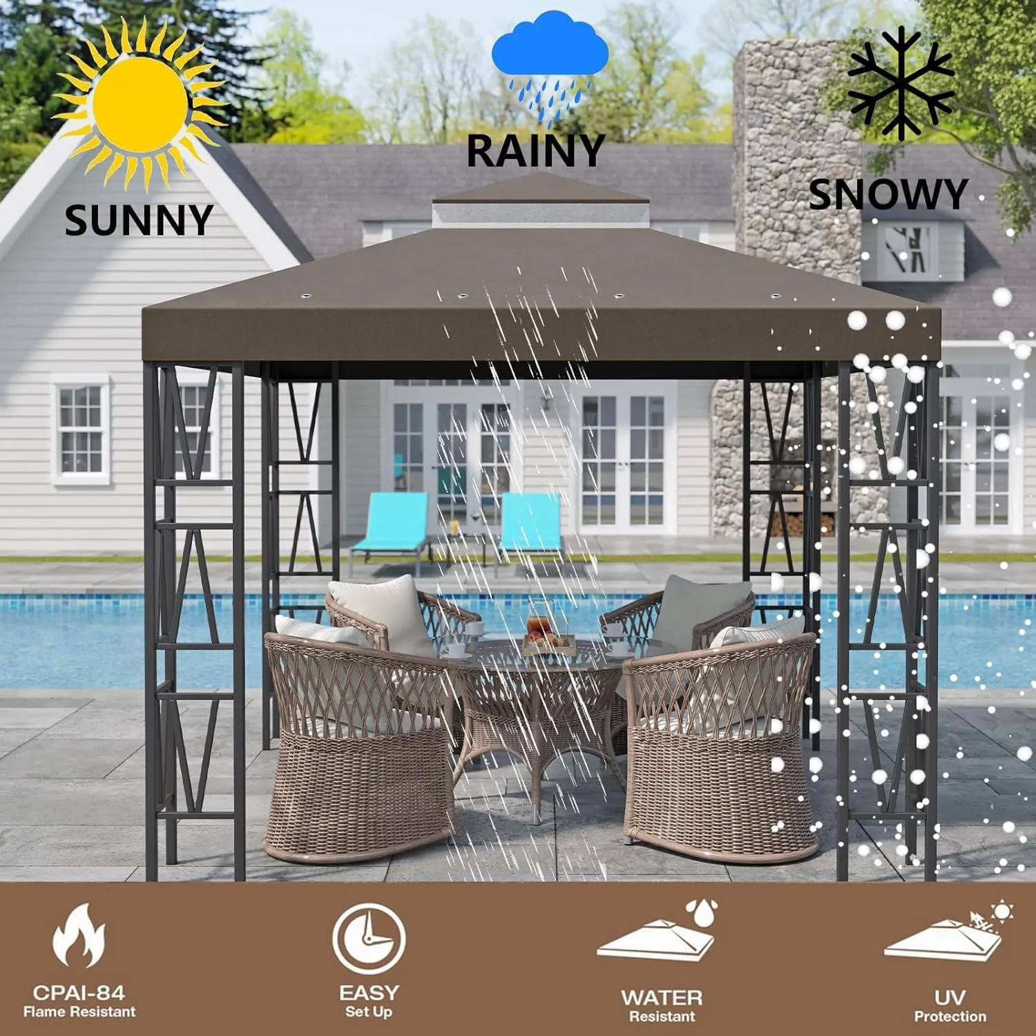 ​10x10 FT Gazebo Canopy Replacement Top - Durable Double Tier Shade Cover Cover for Yard Patio Garden, Waterproof UV Protection, Easy Install, Outdoor Event Party Shade Tent​(Coffee)
