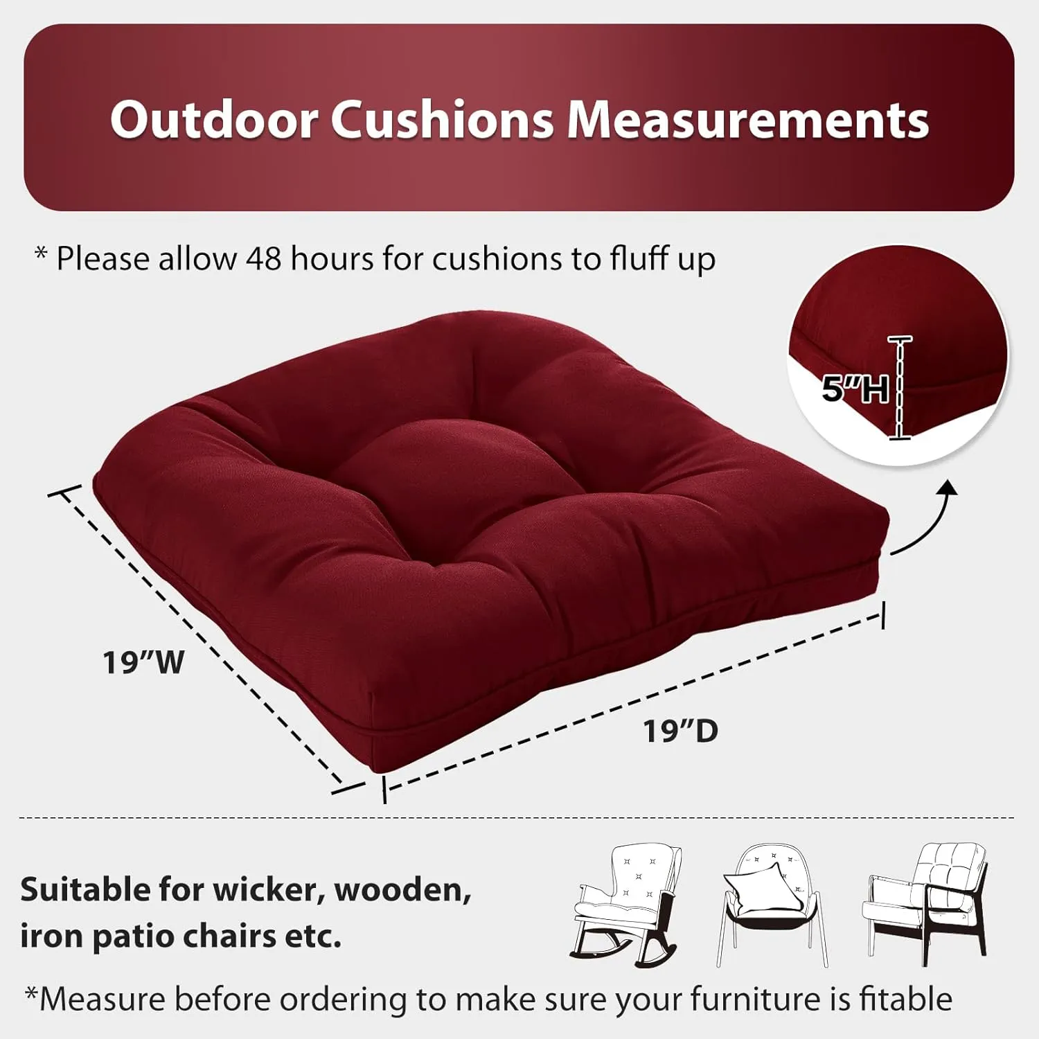 19x19 Outdoor Chair Cushions Set of 4, Wicker Patio Furniture Cushions with Tufted Buttons, Thick Outdoor Seat Cushions for Lawn Chairs, Overstuffed and Water Resistant, Burgundy