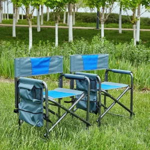 2-Piece Padded Folding Outdoor Chair with Storage Pockets,Lightweight Oversized Directors Chair for Indoor, Outdoor Camping, Picnics and Fishing,Blue/Grey