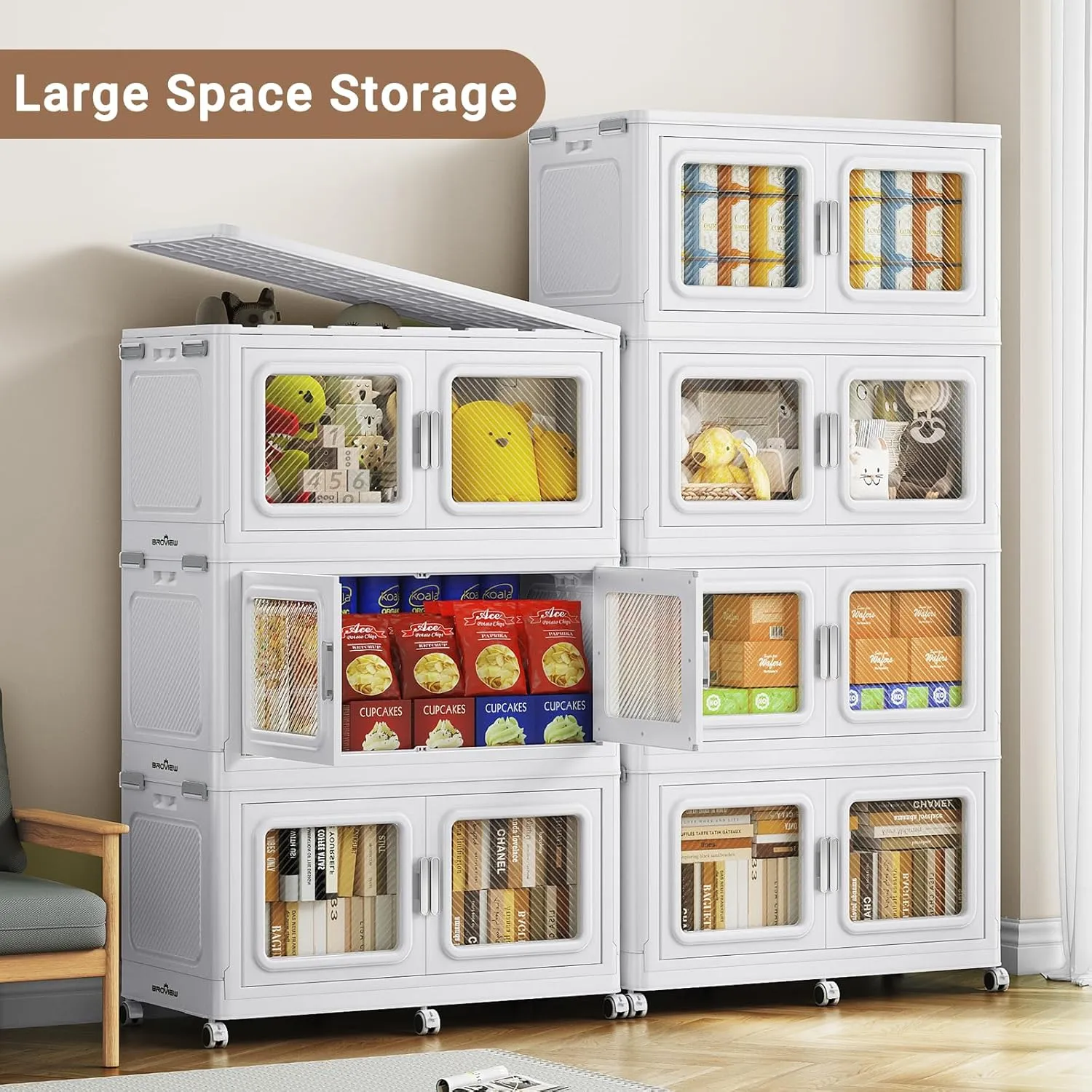 220Gal Extra Large Storage Bins with Lid, 880Qt Plastic Stackable Storage Bins with Wheels, Collapsible Closet Organizer and Storage Drawers, Storage Cabinets for Home, Office, 4 Pack, White