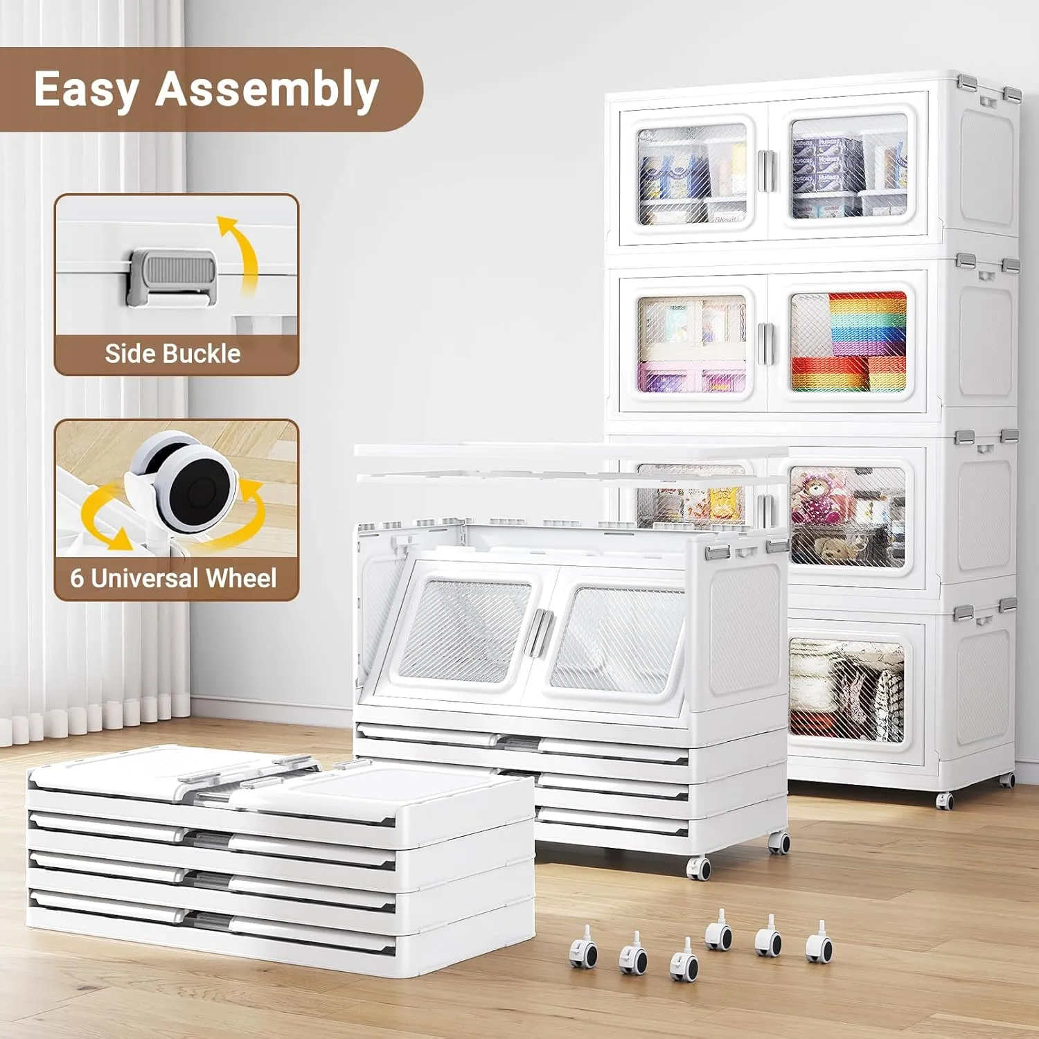 220Gal Extra Large Storage Bins with Lid, 880Qt Plastic Stackable Storage Bins with Wheels, Collapsible Closet Organizer and Storage Drawers, Storage Cabinets for Home, Office, 4 Pack, White