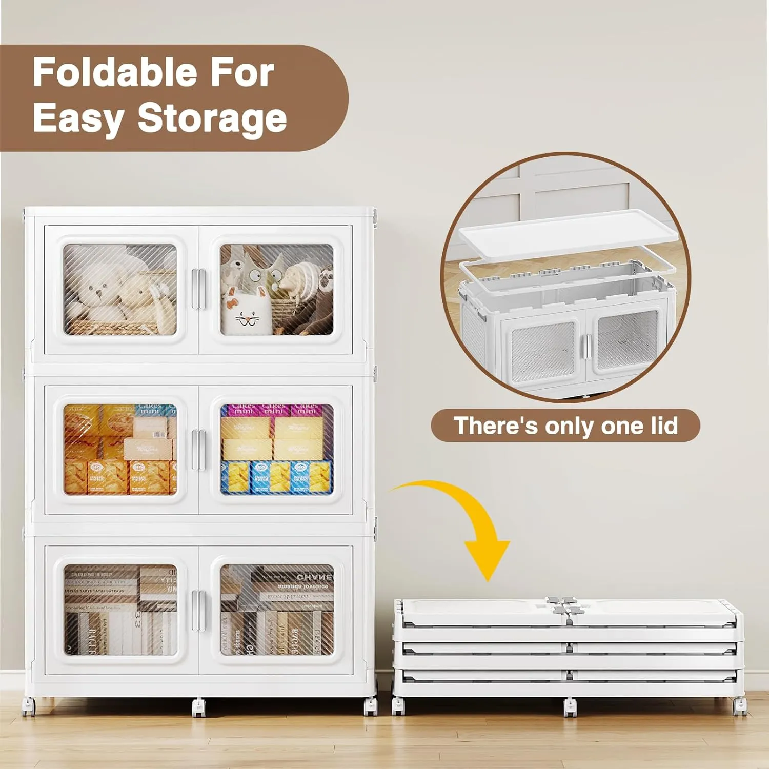 220Gal Extra Large Storage Bins with Lid, 880Qt Plastic Stackable Storage Bins with Wheels, Collapsible Closet Organizer and Storage Drawers, Storage Cabinets for Home, Office, 4 Pack, White