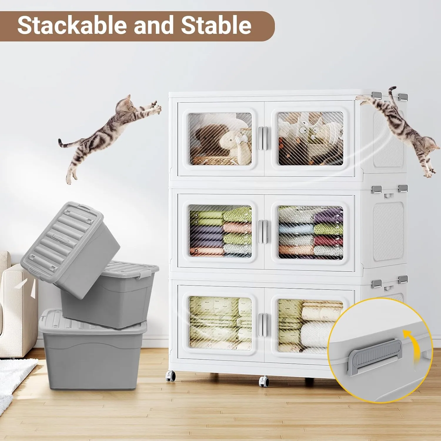 220Gal Extra Large Storage Bins with Lid, 880Qt Plastic Stackable Storage Bins with Wheels, Collapsible Closet Organizer and Storage Drawers, Storage Cabinets for Home, Office, 4 Pack, White