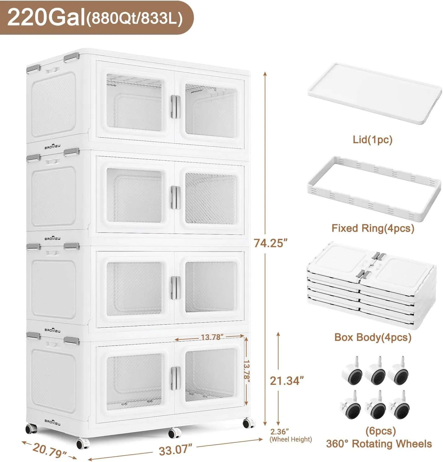 220Gal Extra Large Storage Bins with Lid, 880Qt Plastic Stackable Storage Bins with Wheels, Collapsible Closet Organizer and Storage Drawers, Storage Cabinets for Home, Office, 4 Pack, White