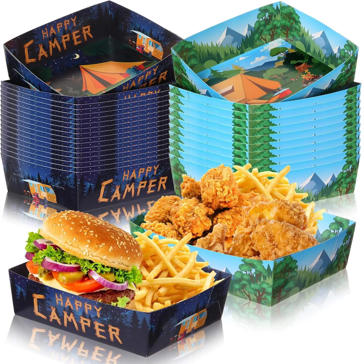 36 Pcs Camping Party Supplies 5 lbs Camping Adventure Nacho Boats Large Paper Serving Trays for Burger Fries Hot Dog Taco BBQ Popcorn Campfire Hiking Camper Theme Forest Nature Hiking Party