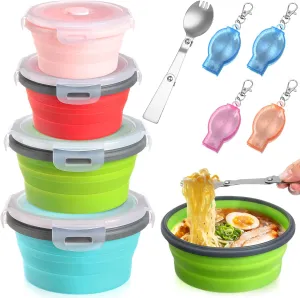 4 Set Collapsible Bowls with Lids Foldable Fork Camping Salad Bowl with Lid Food Storage Containers Set for Travel Picnic Utensils(4 Sizes,Classic Colors)