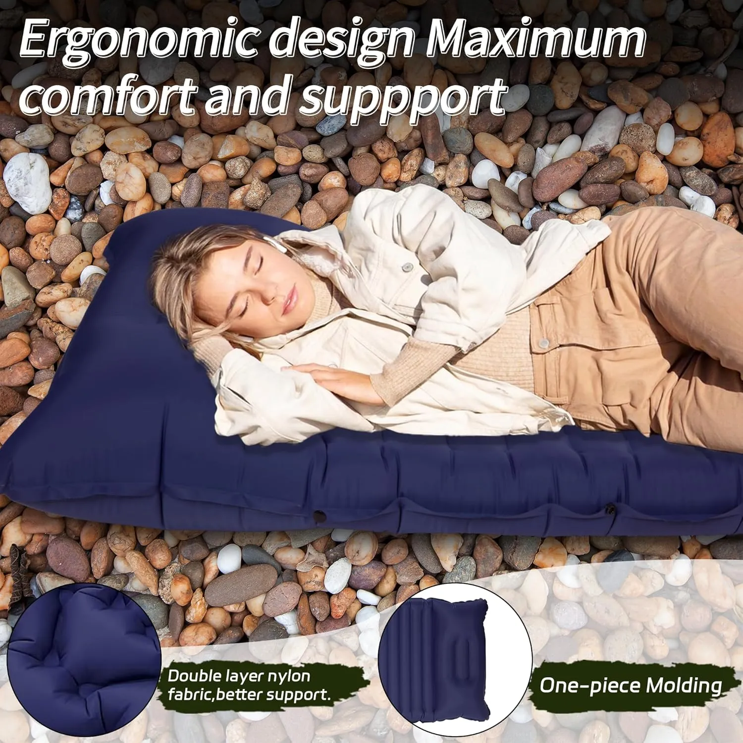 40D Self-Inflating Camping Pad, Insulated Ultralight Sleeping Mat for Backpacking, Winter Camping, 2-Layer Anti-Leak Design w/Built-in Pillow, Foot Pump Foldable Pad, Navy Blue