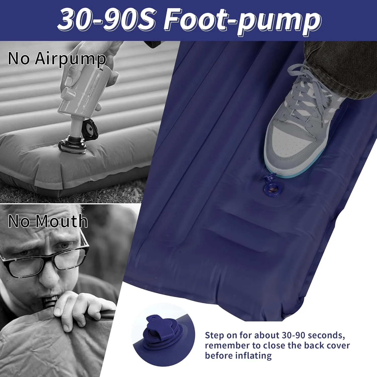 40D Self-Inflating Camping Pad, Insulated Ultralight Sleeping Mat for Backpacking, Winter Camping, 2-Layer Anti-Leak Design w/Built-in Pillow, Foot Pump Foldable Pad, Navy Blue