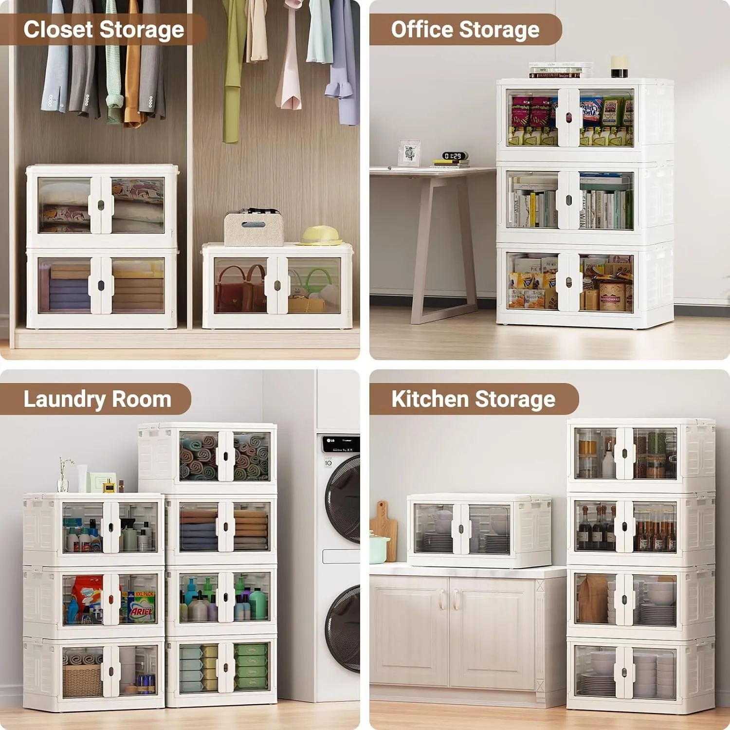 460Qt Stackable Storage Bins with Lids & Wheels, 4-Pack Large Plastic Collapsible Latching Boxes, Closet Organizers and Storage Cabinet Shelves, for Home Garage Office Organization, V7 White