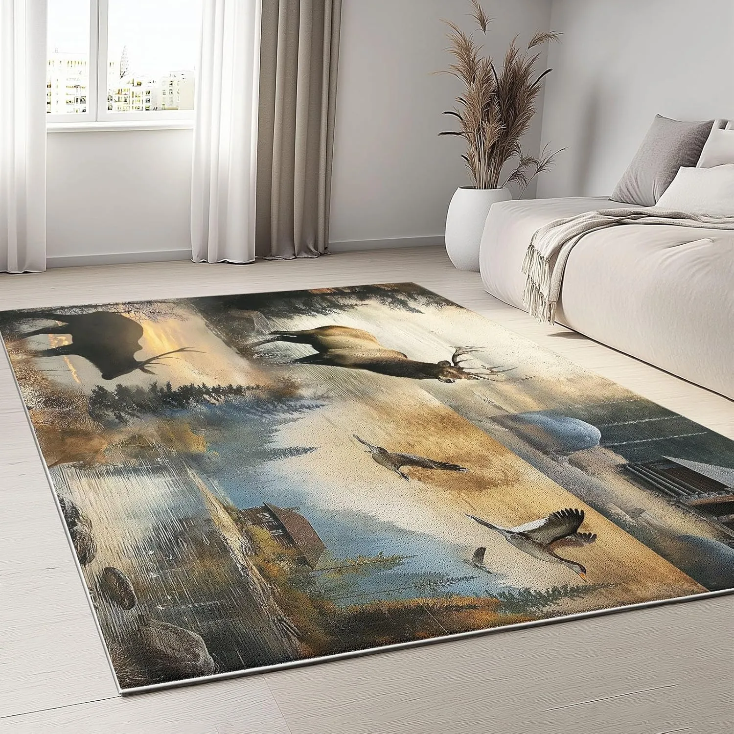 6 x 9 ft Area Rugs for Living Room Animal Deer Bear Patchwork Carpet Non Slip Low Pile Water Repellent Soft Print Beige, for Bedroom Kitchen Dining Room, Home Office