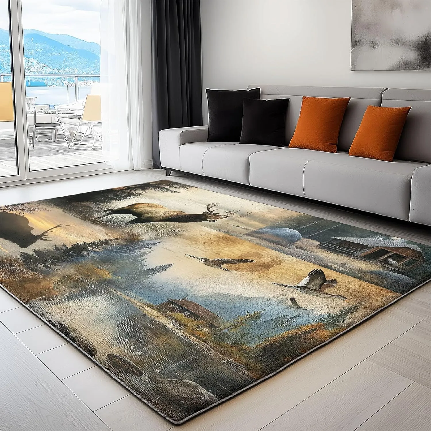 6 x 9 ft Area Rugs for Living Room Animal Deer Bear Patchwork Carpet Non Slip Low Pile Water Repellent Soft Print Beige, for Bedroom Kitchen Dining Room, Home Office