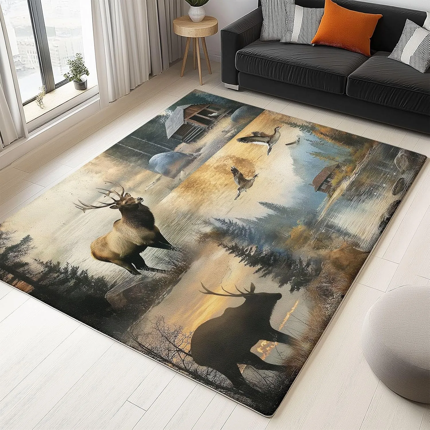 6 x 9 ft Area Rugs for Living Room Animal Deer Bear Patchwork Carpet Non Slip Low Pile Water Repellent Soft Print Beige, for Bedroom Kitchen Dining Room, Home Office