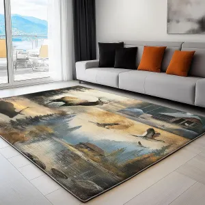 6 x 9 ft Area Rugs for Living Room Animal Deer Bear Patchwork Carpet Non Slip Low Pile Water Repellent Soft Print Beige, for Bedroom Kitchen Dining Room, Home Office