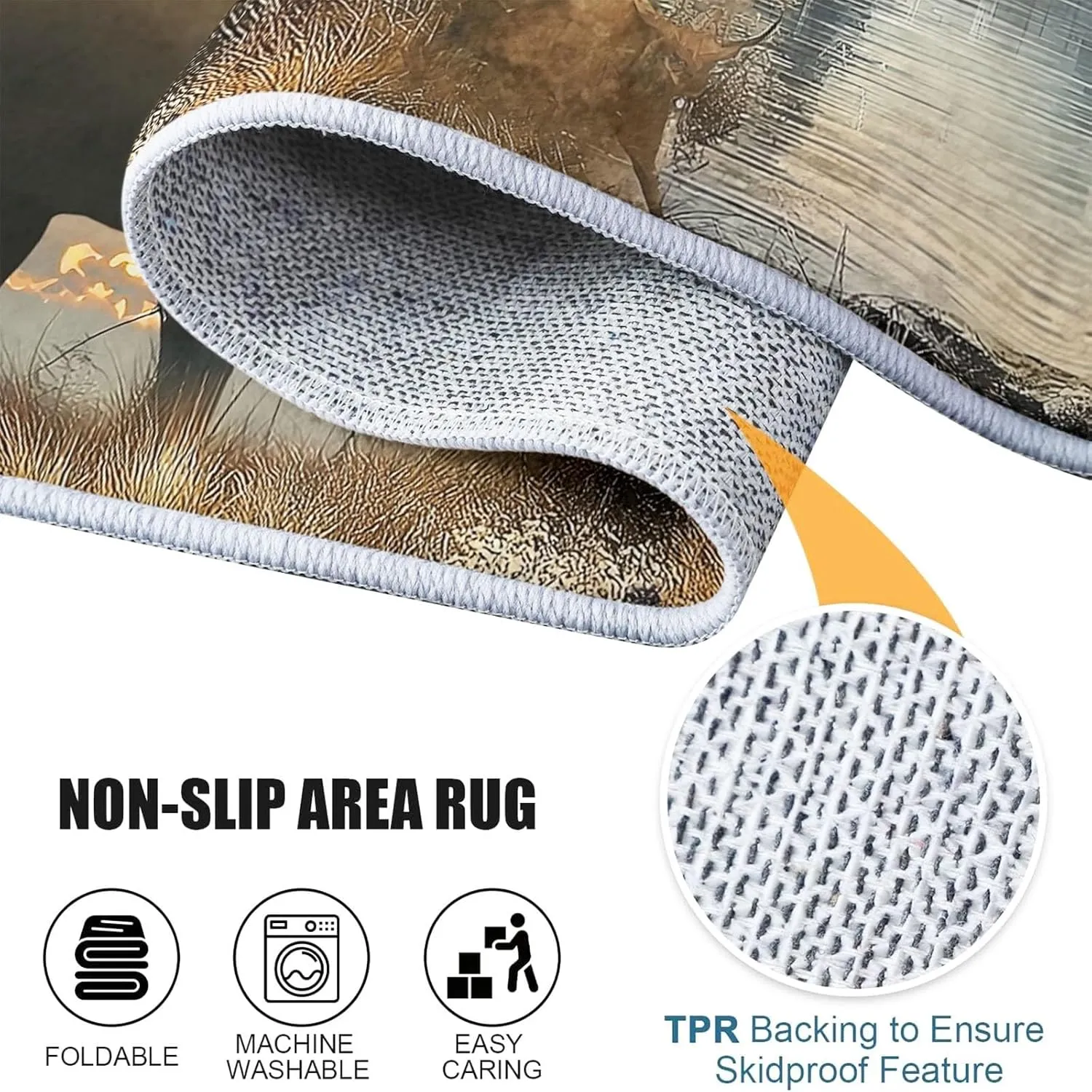 6 x 9 ft Area Rugs for Living Room Animal Deer Bear Patchwork Carpet Non Slip Low Pile Water Repellent Soft Print Beige, for Bedroom Kitchen Dining Room, Home Office