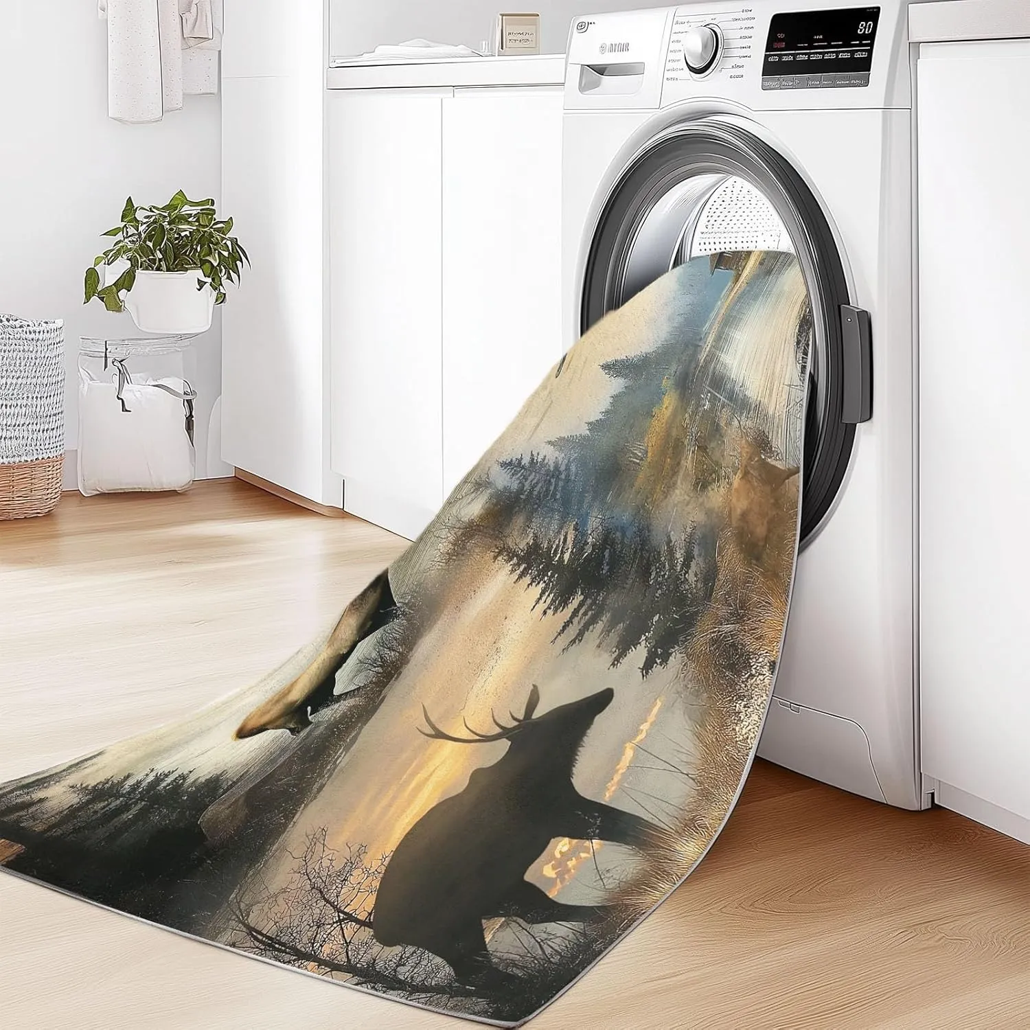 6 x 9 ft Area Rugs for Living Room Animal Deer Bear Patchwork Carpet Non Slip Low Pile Water Repellent Soft Print Beige, for Bedroom Kitchen Dining Room, Home Office