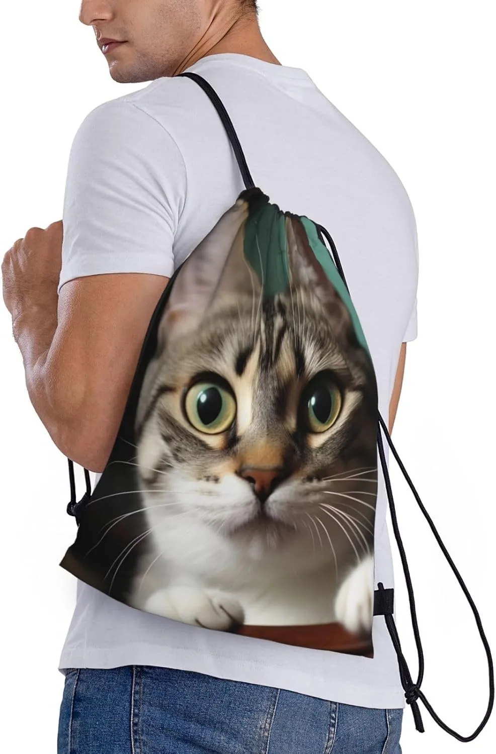 A curious cat Drawstring Backpack Waterproof String Bag Sports Sackpack Gym Bags for Men Women
