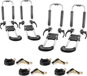 AA-Racks 2 Pair J-Bar Foldable Aluminum Kayak Rack Roof Top Mount with 16 Ft Ratchet Lashing Straps, Folding Carrier for Your Canoe, SUP and Kayaks on SUV Car Truck