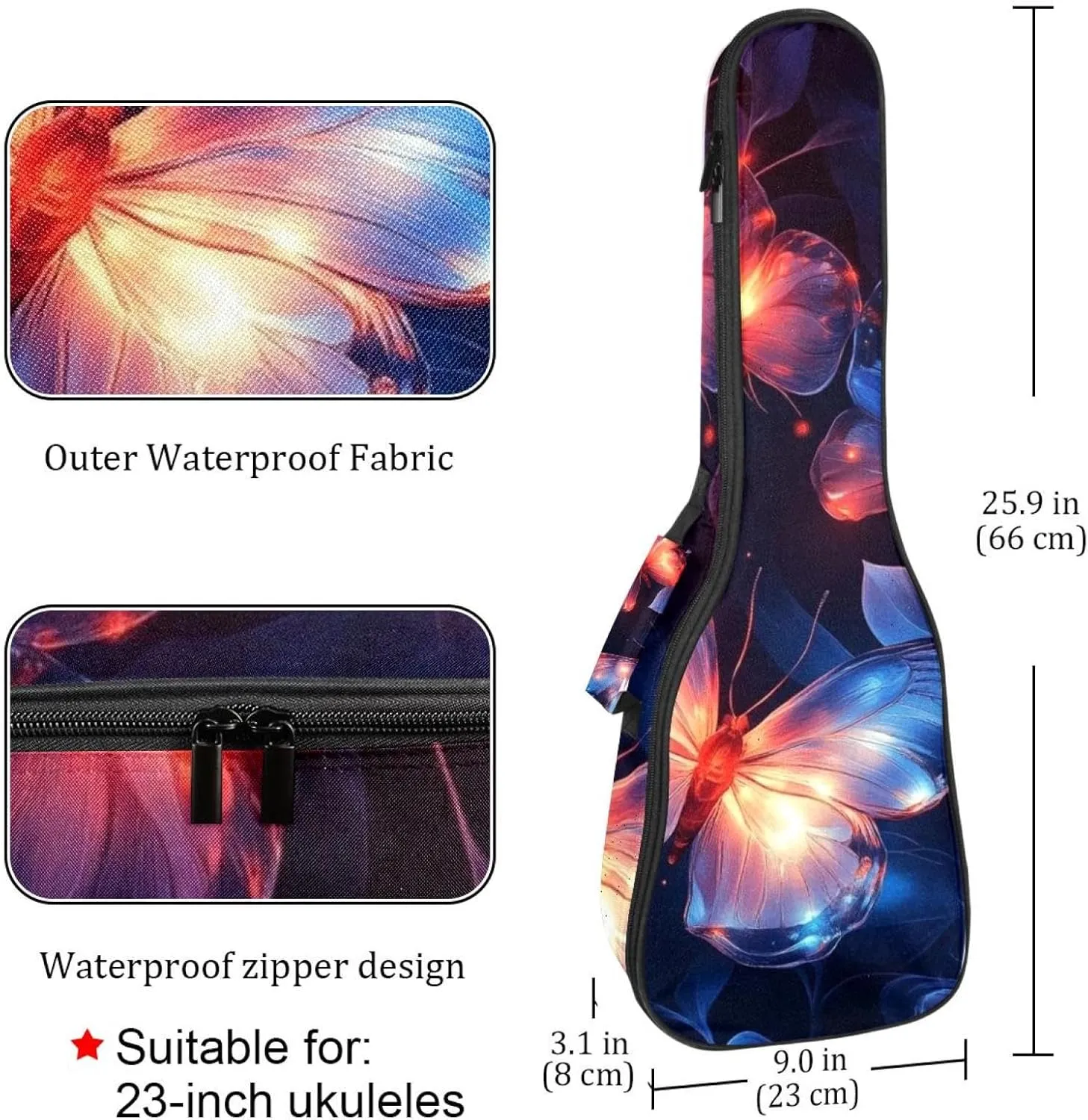 Aesthetic Flowers Glowing Butterflies Ukulele Case, Padded Bag for 23 Inch Concert Ukulele, Waterproof & Durable