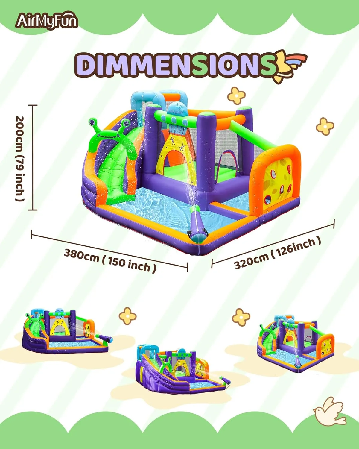 AirMyFun Water Bounce House Inflatable Water Slide Park for Kids Aged 3-10 with Long Slide, Water Gun and Ball Pool Play House for Outdoor Backyard