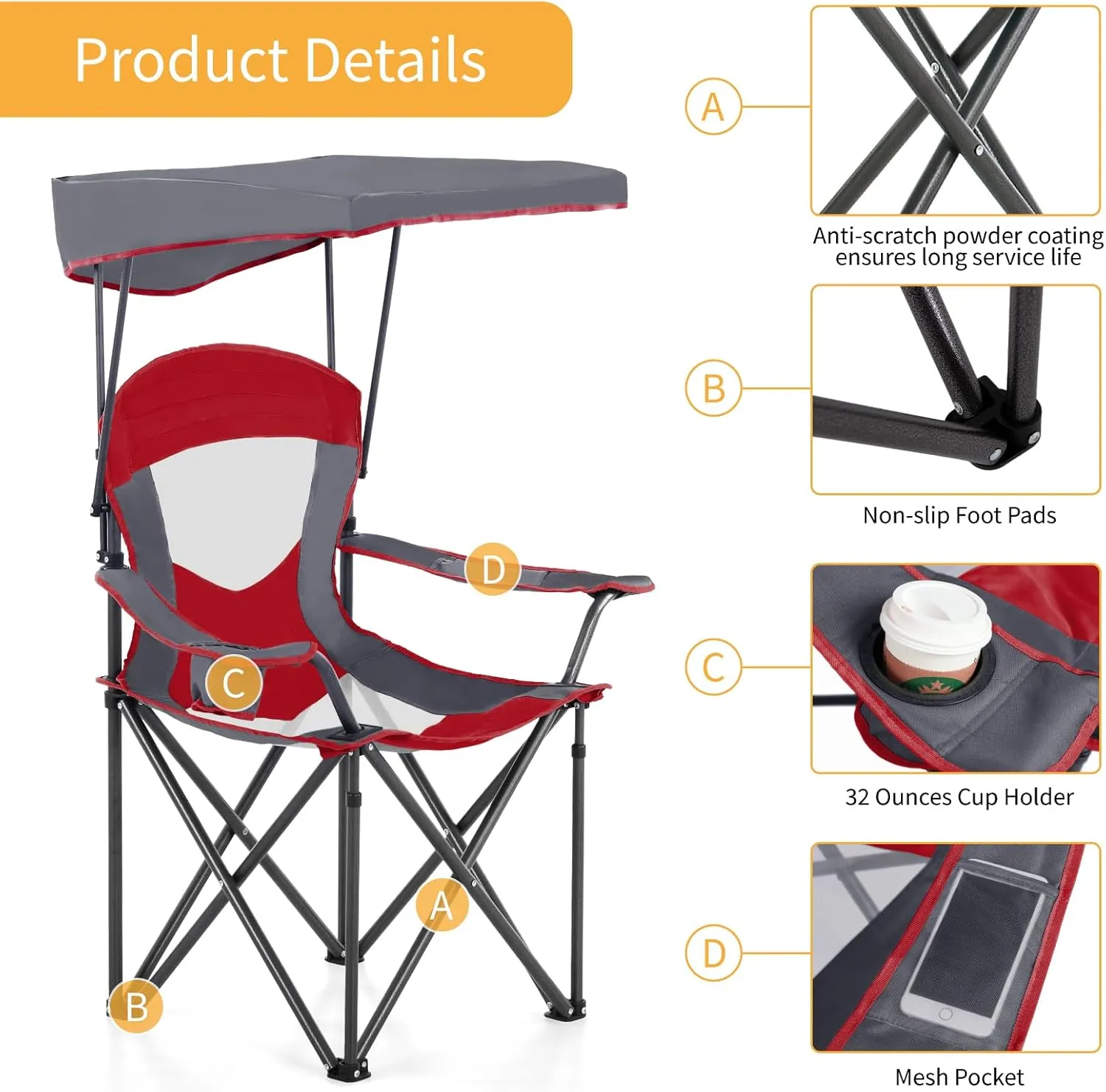 ALPHA CAMP Oversized Camping Chair with Shade Canopy, Folding Lawn Chairs