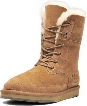 AU&MU Womens Leather Sheepskin Classic Lace up Mid Calf Flat Fur Winter Snow Boot Chestnut Size 6