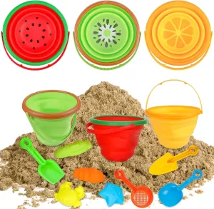Beach Sand Toys Set for Kids, Silicone Collapsible Foldable Beach Bucket Travel Beach Toys for Summer Outdoor Camping and Fishing Tub with Sand Molds Shovels Rakes for Toddlers 2.5L