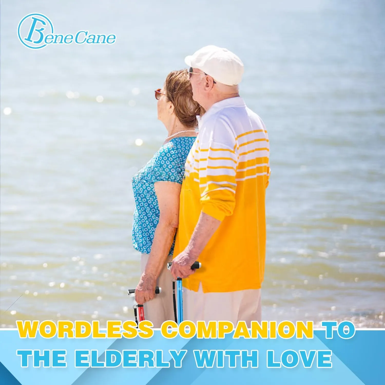 BeneCane Walking Cane for Women Folding Cane for Men with Two Led Lights Quad Cane with Stable Base Lightweight and Adjustable Walking Stick