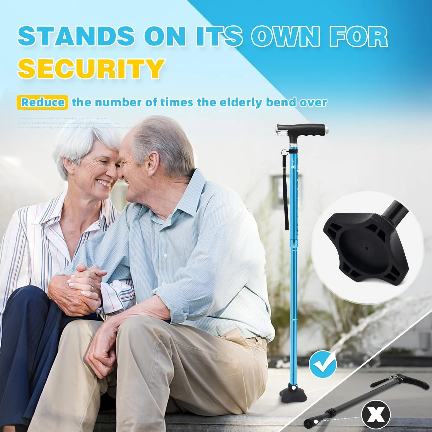 BeneCane Walking Cane for Women Folding Cane for Men with Two Led Lights Quad Cane with Stable Base Lightweight and Adjustable Walking Stick