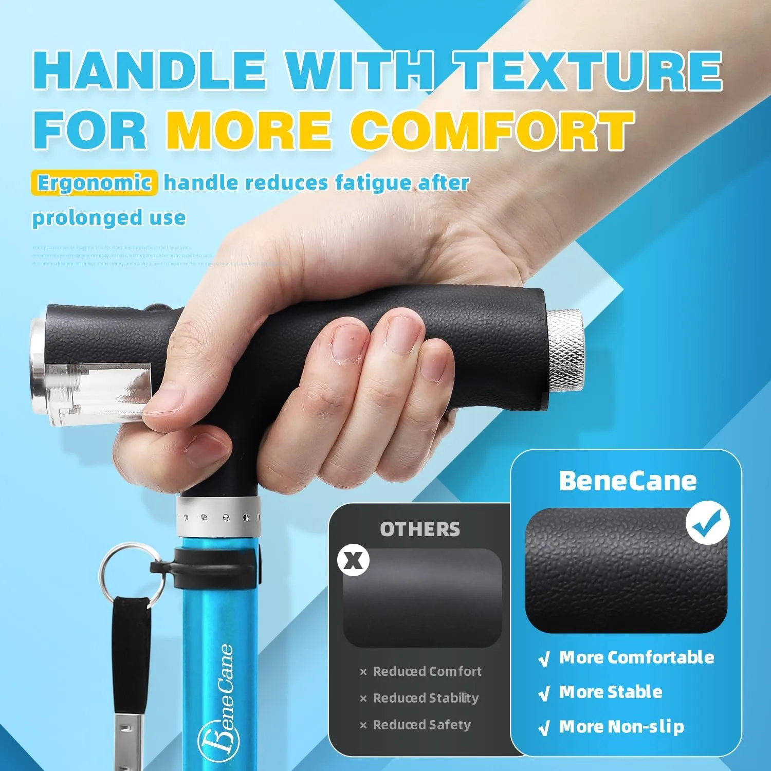 BeneCane Walking Cane for Women Folding Cane for Men with Two Led Lights Quad Cane with Stable Base Lightweight and Adjustable Walking Stick