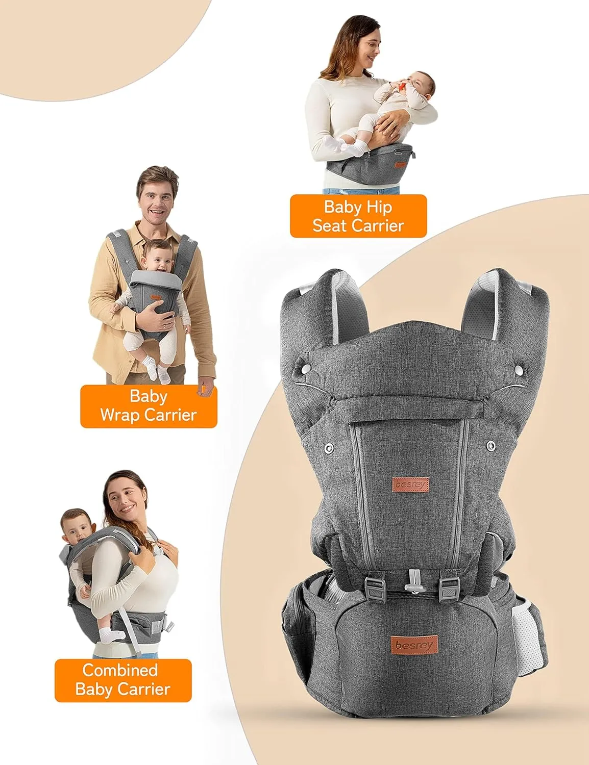 besrey Baby Carrier with Hip Seat Newborn to Toddler 9-in-1, Front Facing Baby Hip Carrier, Breathable Mesh for Moms & Dads, Back Infant Holder (4-36M, 7-45 lbs)