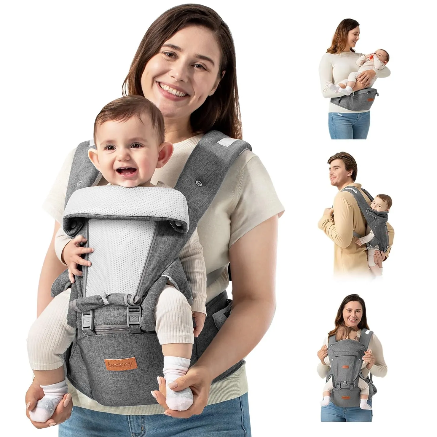 besrey Baby Carrier with Hip Seat Newborn to Toddler 9-in-1, Front Facing Baby Hip Carrier, Breathable Mesh for Moms & Dads, Back Infant Holder (4-36M, 7-45 lbs)