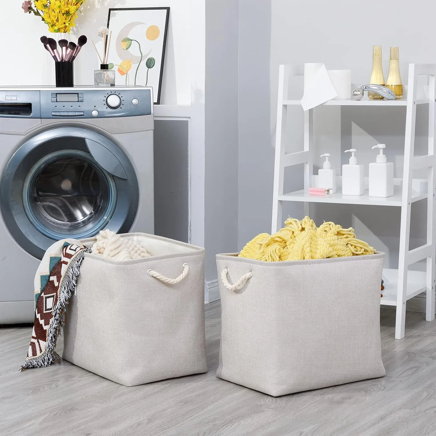 Bidtakay Fabric Beige Baskets Extra Large Organization Baskets for Clothes Set of 2 Collapsible Storage Bins for Shelves Cabinet 17x12x15 In Organizing Bins for Bedroom Blankets Pillow Towels Storage