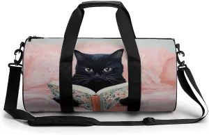 Black Cat Reading on Bed Travel Gym Bag for Women Men Cylindrical Duffle Bag Sport Workout Bag with Shoulder Strap