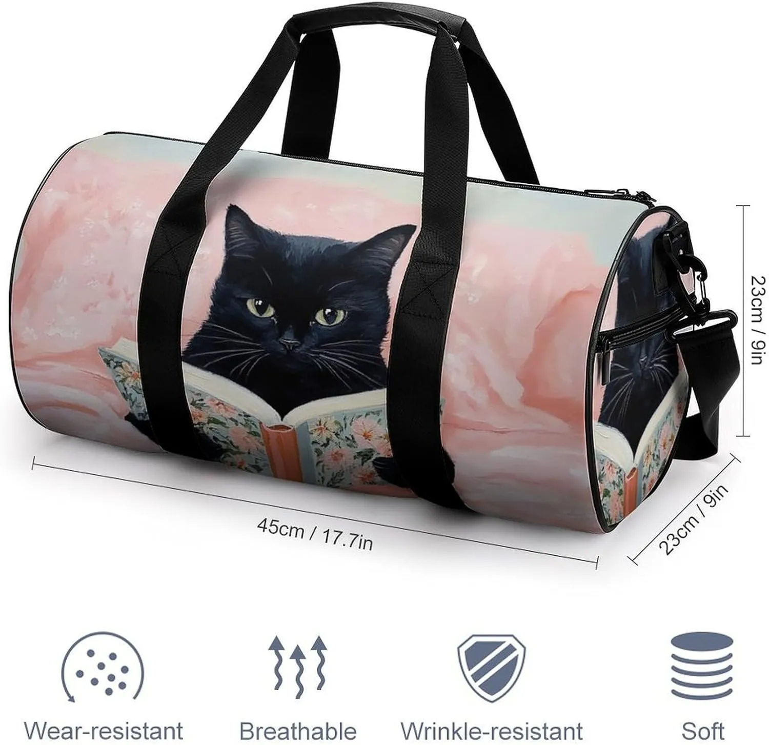 Black Cat Reading on Bed Travel Gym Bag for Women Men Cylindrical Duffle Bag Sport Workout Bag with Shoulder Strap