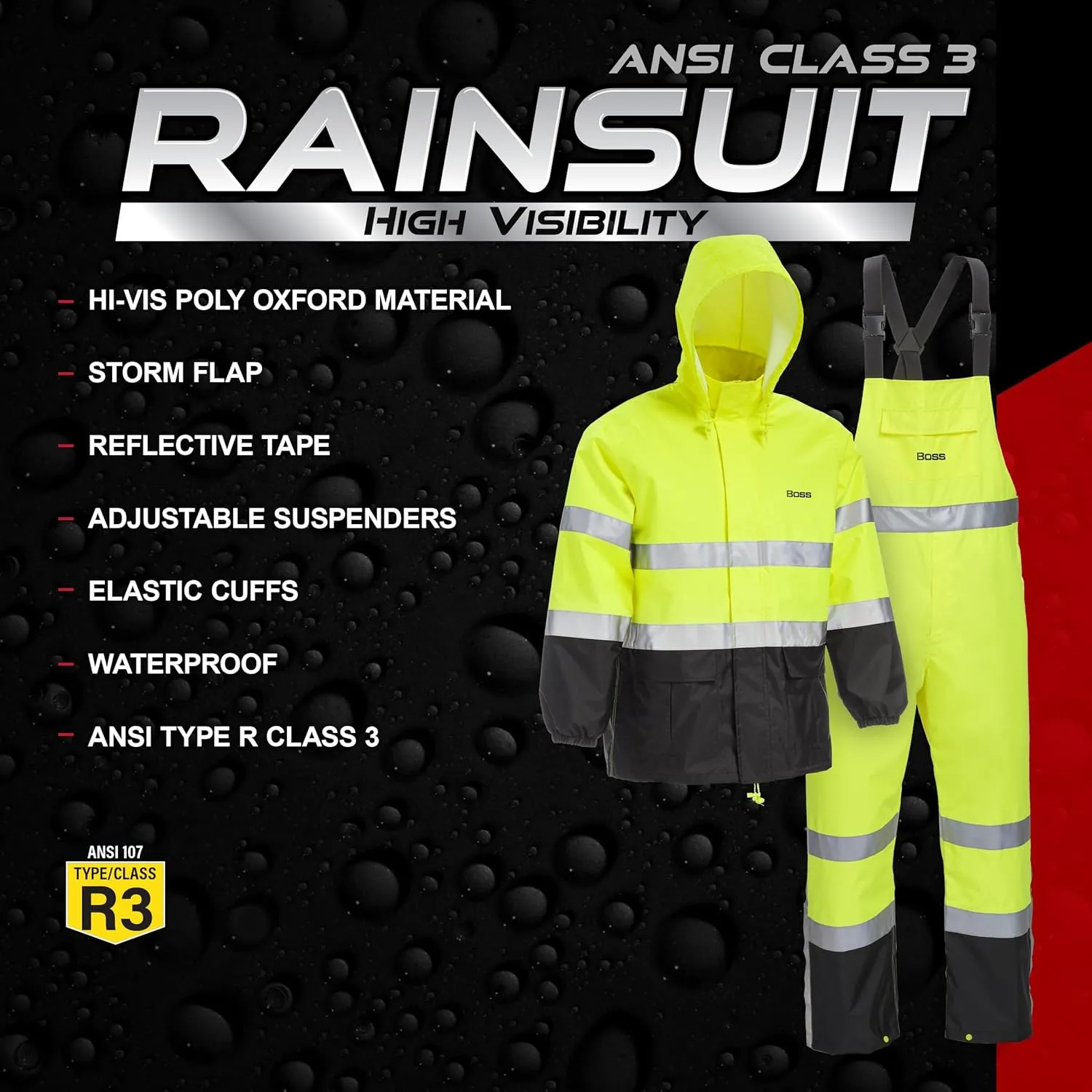 BOSS Unisex High Visability ANSI Class III Rain Suit Jacket and Bib, High Visability, Water Resistant, Reflective 3M Tape