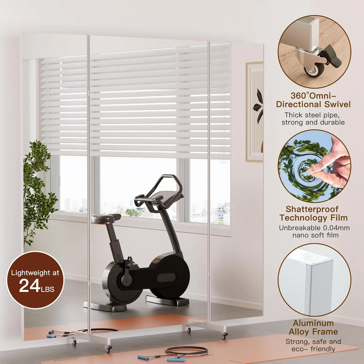 brisafe Full Length Mirror with 360° Wheels, 71"x71" Foldable Floor Mirror with Nano-Tech Shatterproof Film - Ultra-Large Mobile Mirror for Home Gym, Dance Studio & Commercial Spaces (White)