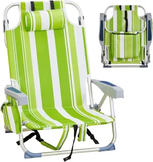 Camping Beach Chair 5-Position Reclining Lightweight Low Folding Backpacking Chair,Compact w/Cooler Pouch and Soft Pillow,Lawn Chair for Outdoor Camp Hiking Travel,Supports 220lbs,Green Stripes