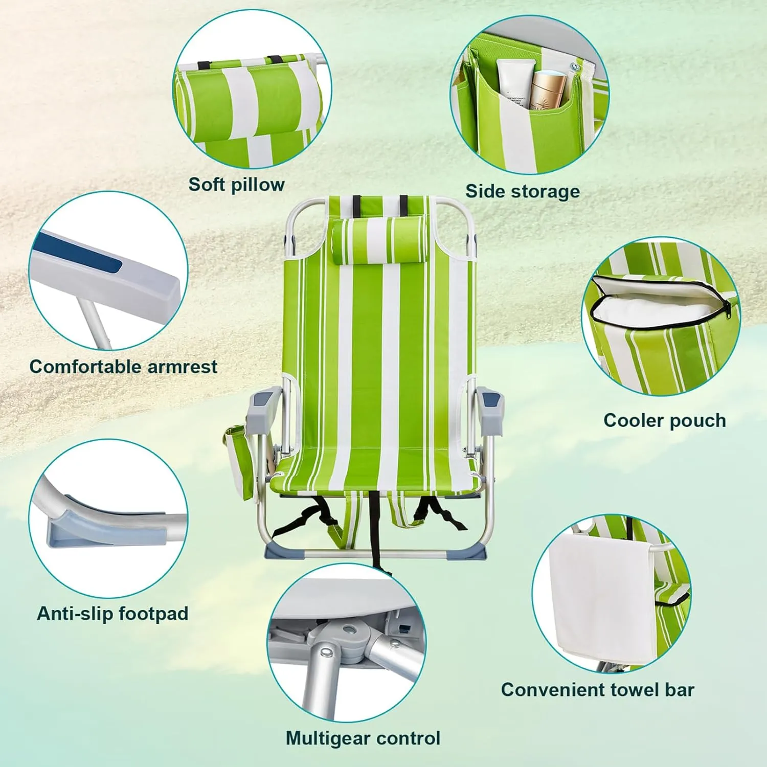 Camping Beach Chair 5-Position Reclining Lightweight Low Folding Backpacking Chair,Compact w/Cooler Pouch and Soft Pillow,Lawn Chair for Outdoor Camp Hiking Travel,Supports 220lbs,Green Stripes