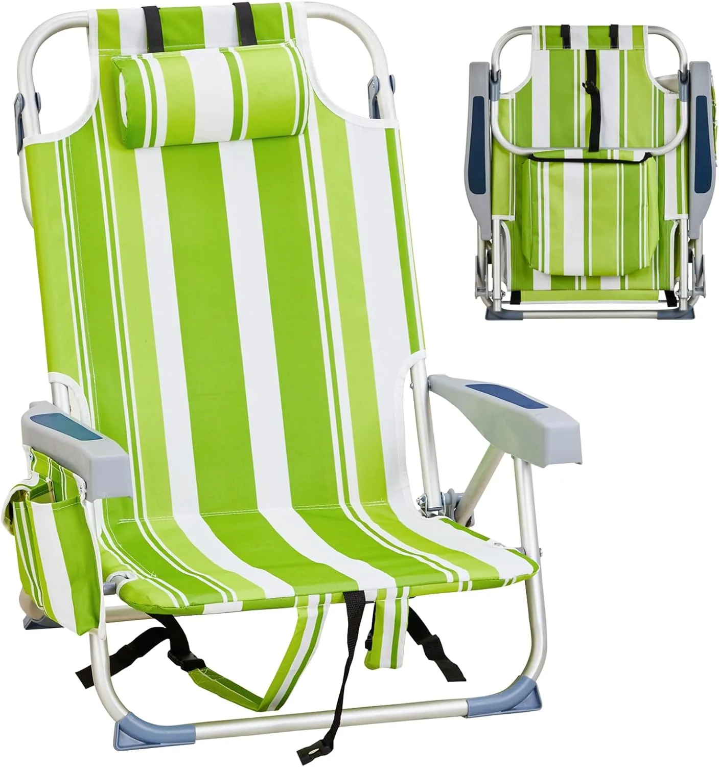Camping Beach Chair 5-Position Reclining Lightweight Low Folding Backpacking Chair,Compact w/Cooler Pouch and Soft Pillow,Lawn Chair for Outdoor Camp Hiking Travel,Supports 220lbs,Green Stripes