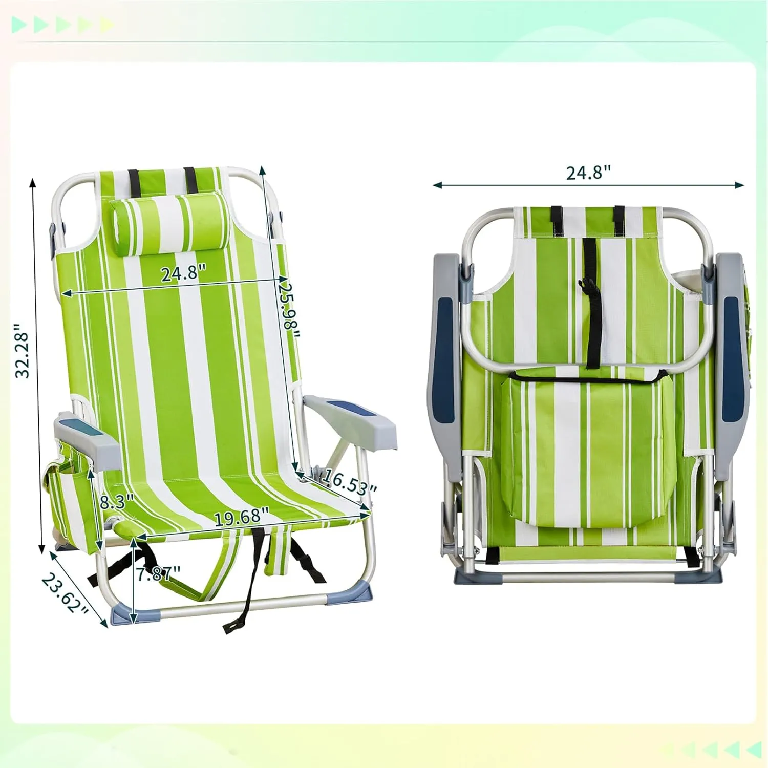 Camping Beach Chair 5-Position Reclining Lightweight Low Folding Backpacking Chair,Compact w/Cooler Pouch and Soft Pillow,Lawn Chair for Outdoor Camp Hiking Travel,Supports 220lbs,Green Stripes
