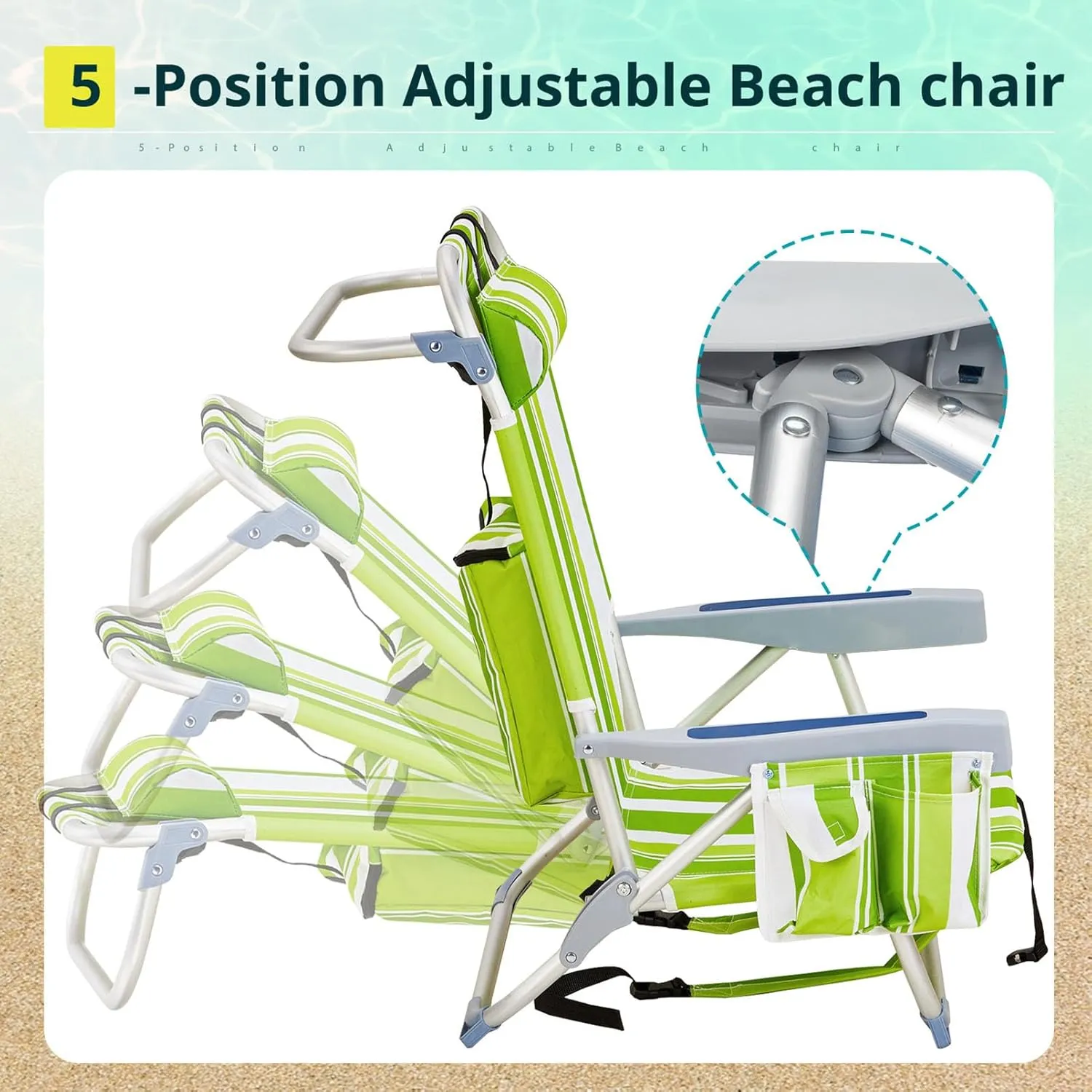 Camping Beach Chair 5-Position Reclining Lightweight Low Folding Backpacking Chair,Compact w/Cooler Pouch and Soft Pillow,Lawn Chair for Outdoor Camp Hiking Travel,Supports 220lbs,Green Stripes
