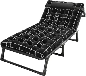 Camping Cot, Folding Camping Cots for Adults with Mattress, Adjustable 4-Position Adults Reclining Folding Chaise with Pillow, Outdoor Lounge Chair Sleeping Cot Bed Black