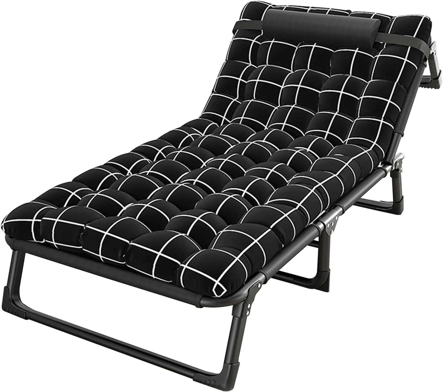 Camping Cot, Folding Camping Cots for Adults with Mattress, Adjustable 4-Position Adults Reclining Folding Chaise with Pillow, Outdoor Lounge Chair Sleeping Cot Bed Black