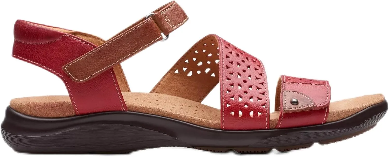 Clarks Women's Kitly Way Flat Sandal, Cherry Leather, 7.5