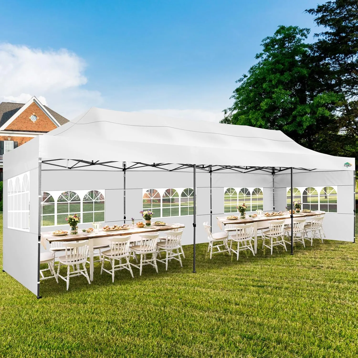 COBIZI 10x30 Pop up Canopy Tent 10x30 Canopy with Sidewalls, Heavy Duty Party Tent Tents for Parties, Foldable UPF 50  Waterproof Commercial Easy up Canopy with Roller Bag, White(Windproof Upgraded)