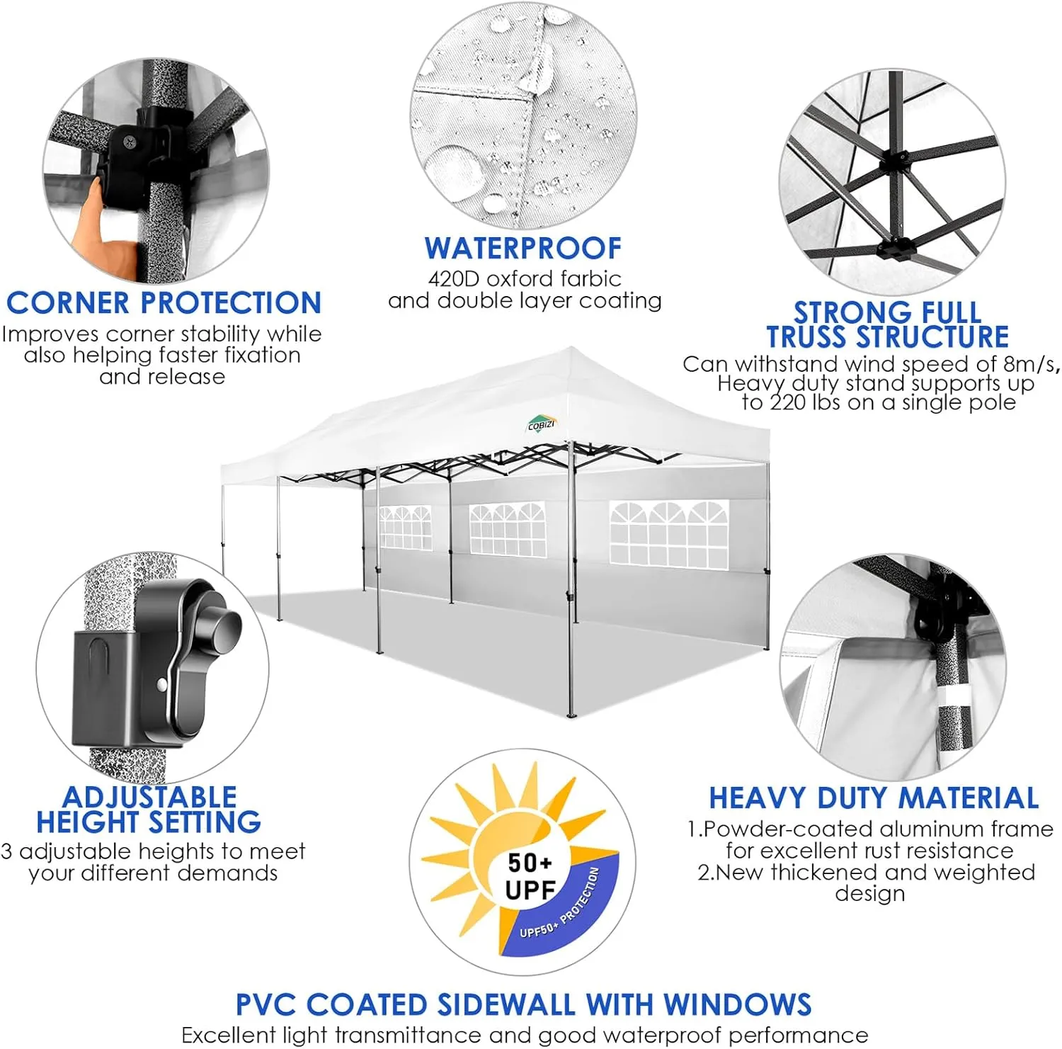 COBIZI 10x30 Pop up Canopy Tent 10x30 Canopy with Sidewalls, Heavy Duty Party Tent Tents for Parties, Foldable UPF 50  Waterproof Commercial Easy up Canopy with Roller Bag, White(Windproof Upgraded)