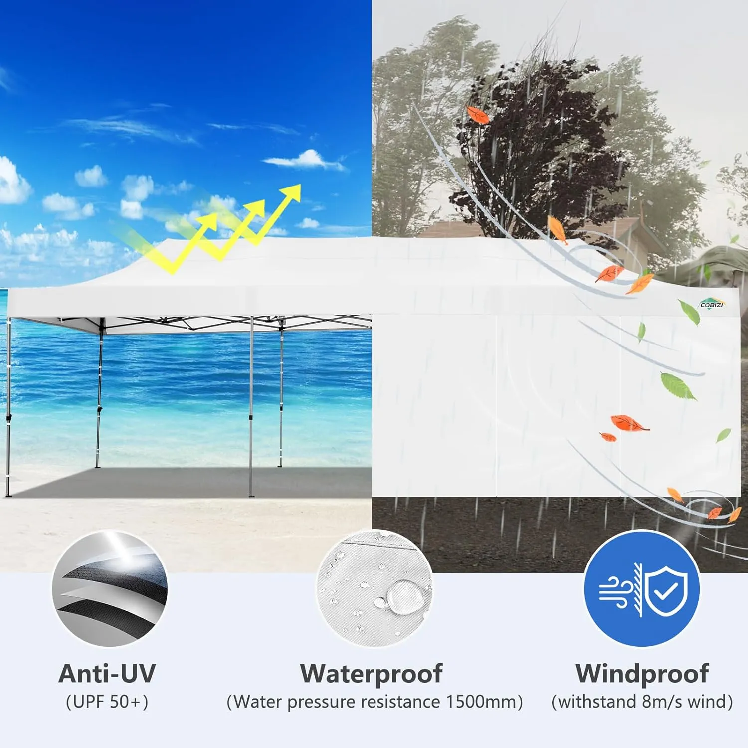 COBIZI 10x30 Pop up Canopy Tent 10x30 Canopy with Sidewalls, Heavy Duty Party Tent Tents for Parties, Foldable UPF 50  Waterproof Commercial Easy up Canopy with Roller Bag, White(Windproof Upgraded)