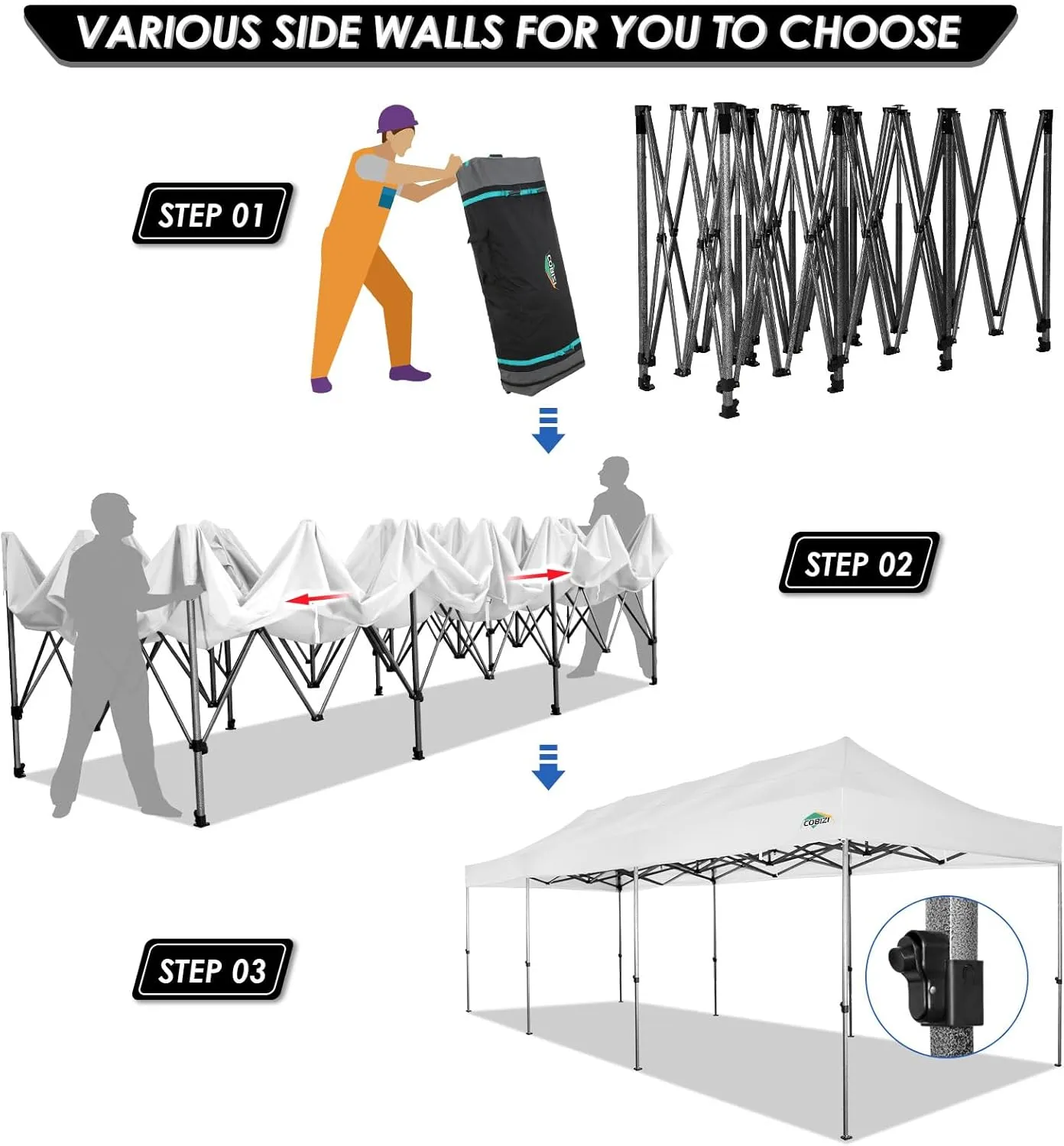 COBIZI 10x30 Pop up Canopy Tent 10x30 Canopy with Sidewalls, Heavy Duty Party Tent Tents for Parties, Foldable UPF 50  Waterproof Commercial Easy up Canopy with Roller Bag, White(Windproof Upgraded)