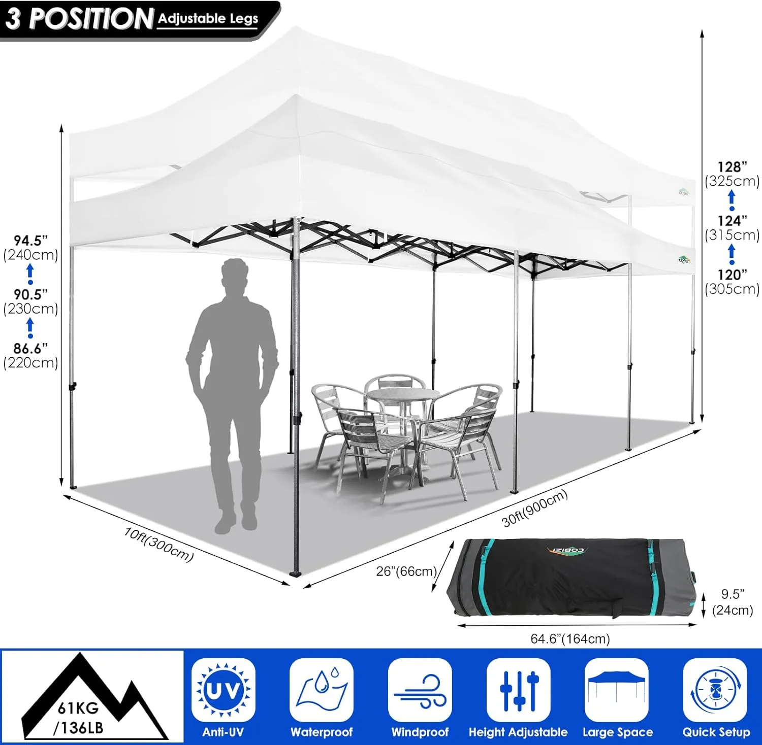 COBIZI 10x30 Pop up Canopy Tent 10x30 Canopy with Sidewalls, Heavy Duty Party Tent Tents for Parties, Foldable UPF 50  Waterproof Commercial Easy up Canopy with Roller Bag, White(Windproof Upgraded)